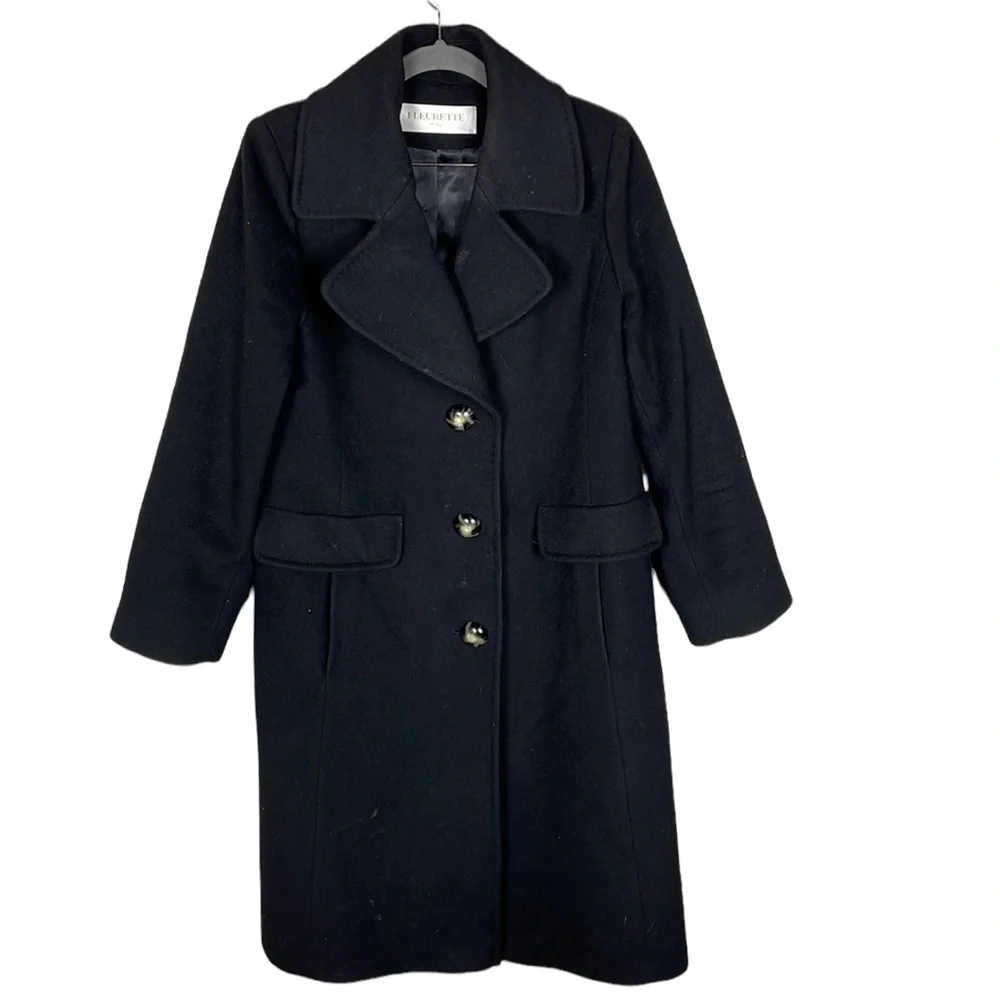 Fleurette Black Wool Cashmere Button Front Winter Coat Longline